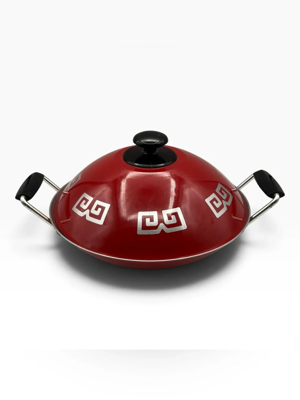 Vintage mid century modern Alluminum Wok Red Greek Key Round Bottom Stovetop Pan
